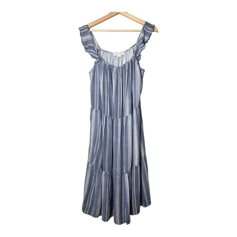 Ecothreads Blue Tiered Striped Dress Boho Cottage Size XL Ruffle Sleeve Midi